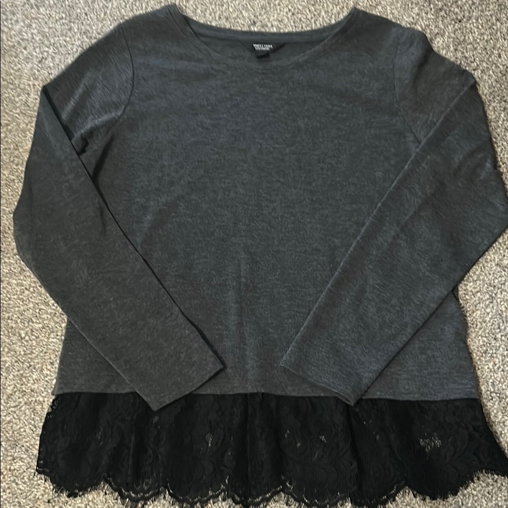 Gray Long Sleeve Top with Black Lace Hem